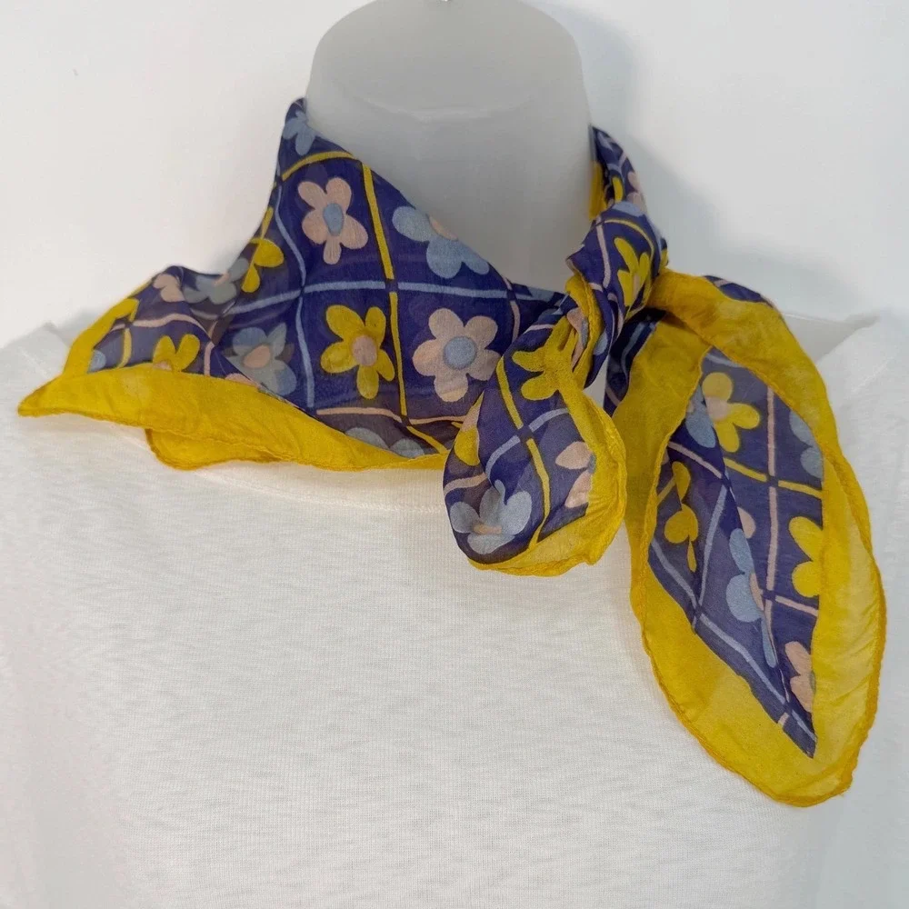 Sanfred Silk Scarf Blue Yellow Floral Daisy Grid Square Neckerchief Indie 105-32